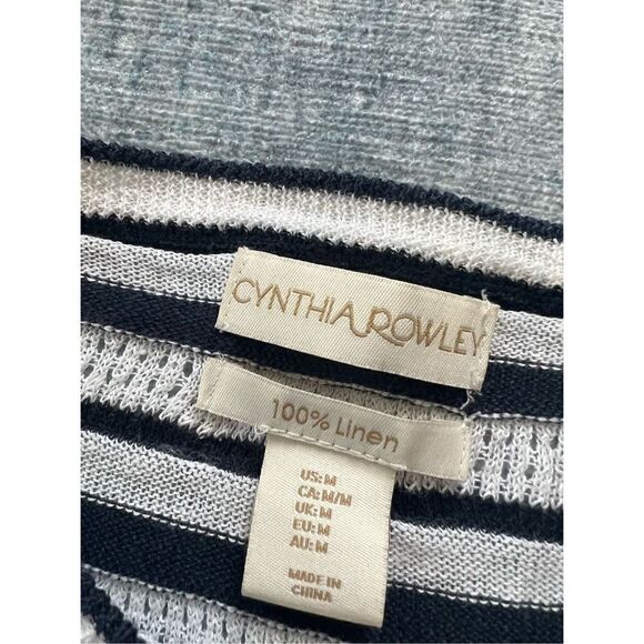 Cynthia Rowley White Dark Navy Blue 100% Linen Lightweight Sweater Medium - Picture 3 of 7
